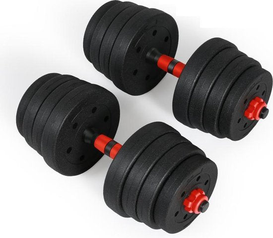 VERSTELBARE HALTER & DUMBELL SET 30298 – 30 KG TOTAAL ZWART/ROOD